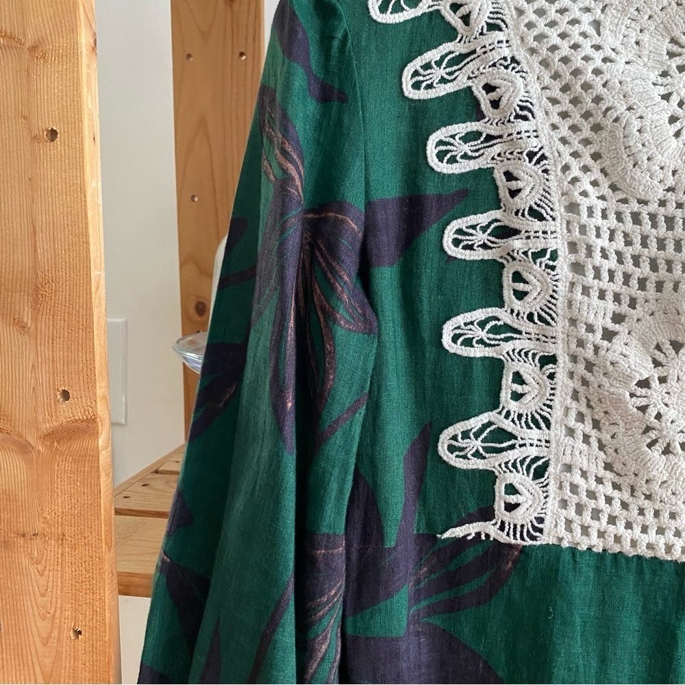 Zara Green Linen Palm Leaf Crochet Accent Midi Dress Small - Picture 9 of 16